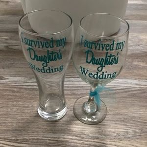 I survived my Daughter’s Wedding Wine and Beer Glasses Teal Graphic NWOT